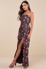 Demure Muse Plum Purple Floral Jacquard Strapless Maxi Dress