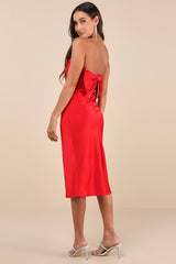 Luxe Crush Red Satin Rhinestone Bow Strapless Midi Dress