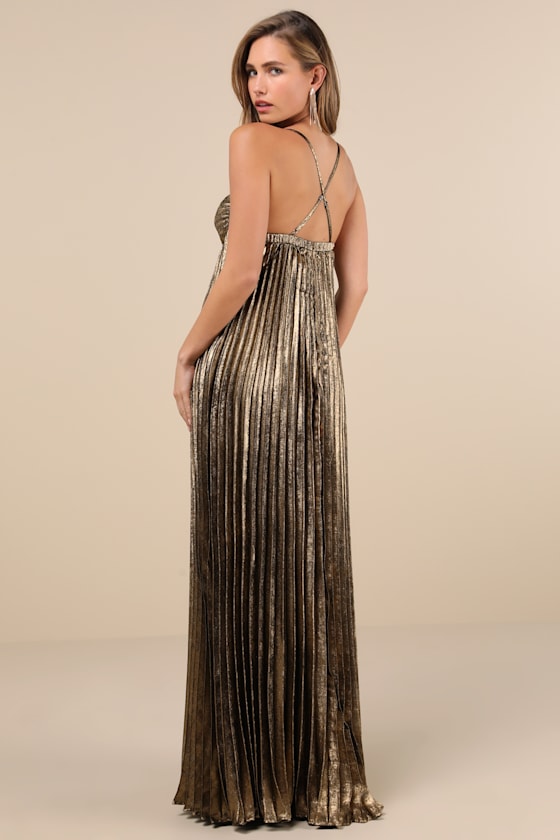 Brilliant Allure Gold Metallic Lurex Pleated Maxi Dress