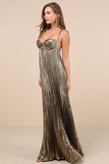 Brilliant Allure Gold Metallic Lurex Pleated Maxi Dress
