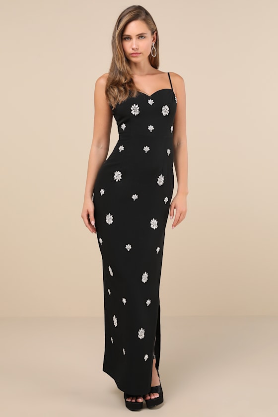 Completely Regal Black Rhinestone Sleeveless Column Maxi Dress