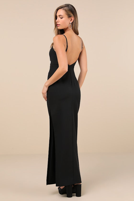 Completely Regal Black Rhinestone Sleeveless Column Maxi Dress