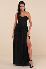 Luxe Favorite Black Strapless Ruched Maxi Dress