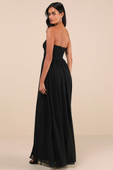 Luxe Favorite Black Strapless Ruched Maxi Dress