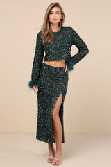 Sparkling Behavior Emerald Green Sequin High-Rise Midi Skirt