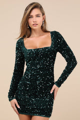 Marvelous Radiance Emerald Sequin Cutout Long Sleeve Mini Dress