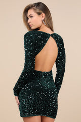 Marvelous Radiance Emerald Sequin Cutout Long Sleeve Mini Dress