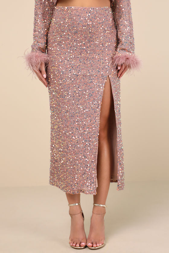 Sparkling Behavior Mauve Pink Sequin High-Rise Midi Skirt