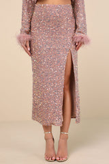 Sparkling Behavior Mauve Pink Sequin High-Rise Midi Skirt