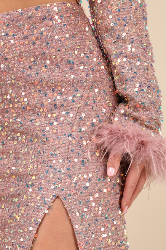 Sparkling Behavior Mauve Pink Sequin High-Rise Midi Skirt