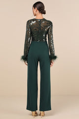 Limitless Radiance Green Sequin Feather Long Sleeve Jumpsuit
