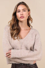 Coquette Cozy Heather Taupe Long Sleeve Bow Pullover Sweater
