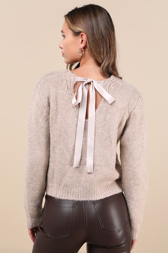 Coquette Cozy Heather Taupe Long Sleeve Bow Pullover Sweater