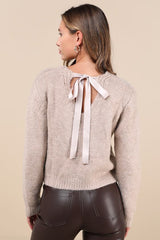 Coquette Cozy Heather Taupe Long Sleeve Bow Pullover Sweater