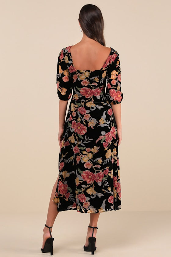 Gloriously Chic Black Floral Burnout Short Sleeve Midi Dress