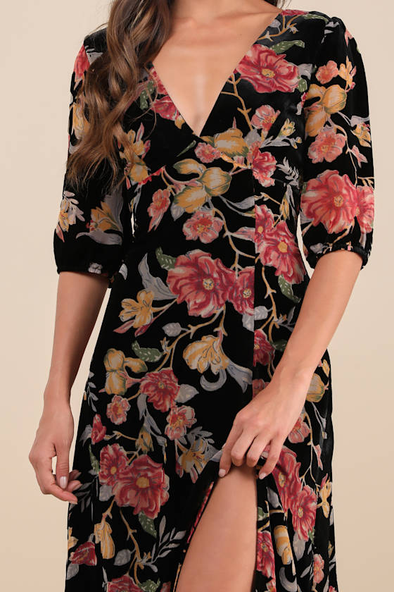 Gloriously Chic Black Floral Burnout Short Sleeve Midi Dress