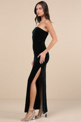 Dreamy Choice Dark Green Rhinestone Strapless Maxi Dress