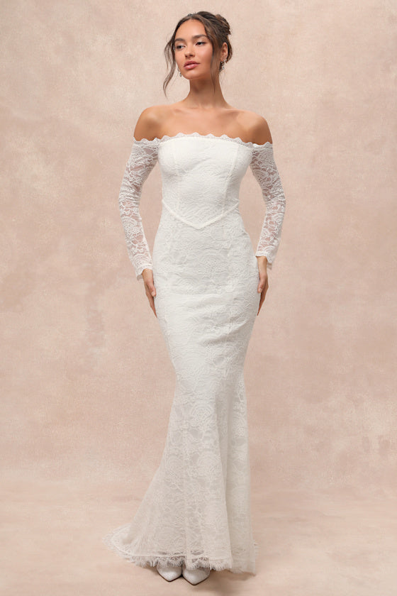 Beloved Promise White Lace Off-the-Shoulder Mermaid Maxi Dress