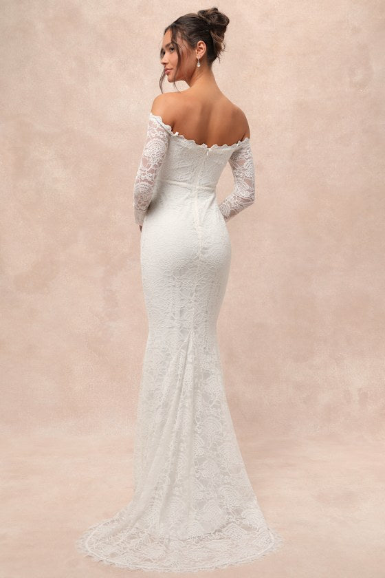 Beloved Promise White Lace Off-the-Shoulder Mermaid Maxi Dress