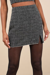 Charismatically Cute Black Tweed Rhinestone High-Rise Mini Skirt