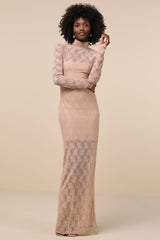 Famous Impression Beige Lace Mock Neck Long Sleeve Maxi Dress