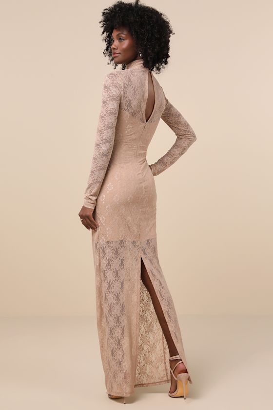 Famous Impression Beige Lace Mock Neck Long Sleeve Maxi Dress