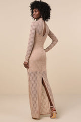 Famous Impression Beige Lace Mock Neck Long Sleeve Maxi Dress