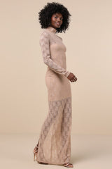 Famous Impression Beige Lace Mock Neck Long Sleeve Maxi Dress