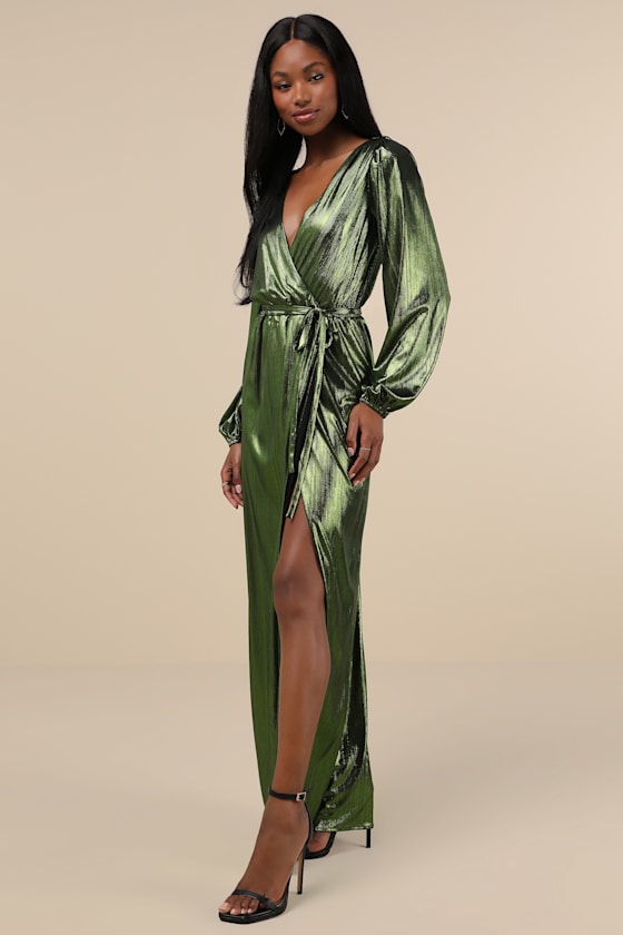 Extra Aesthetic Green Metallic Long Sleeve Surplice Maxi Dress