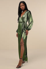 Extra Aesthetic Green Metallic Long Sleeve Surplice Maxi Dress