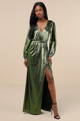 Extra Aesthetic Green Metallic Long Sleeve Surplice Maxi Dress