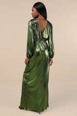 Extra Aesthetic Green Metallic Long Sleeve Surplice Maxi Dress