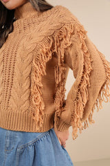 Wintertime Fave Tan Fringe Cable Knit Sweater