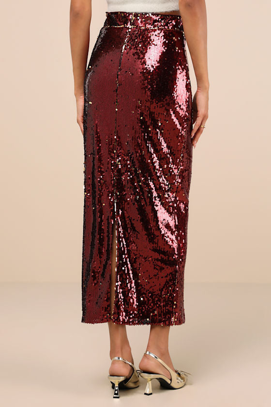 Dazzling Appearance Burgundy Sequin High-Rise Midi Skirt