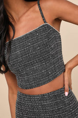 Charismatically Cute Black Tweed Rhinestone Sleeveless Crop Top
