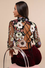 Fantastic Charisma Black 3D Floral Lace-Up Top