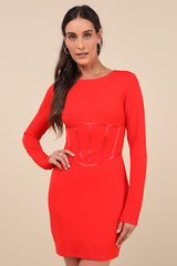 Confident Queen Red Long Sleeve Corset Bodycon Mini Dress