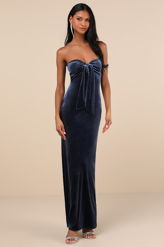Divine Existence Navy Blue Velvet Tie-Front Strapless Maxi Dress