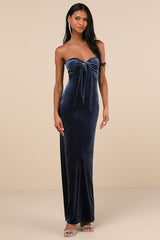 Divine Existence Navy Blue Velvet Tie-Front Strapless Maxi Dress