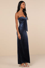 Divine Existence Navy Blue Velvet Tie-Front Strapless Maxi Dress