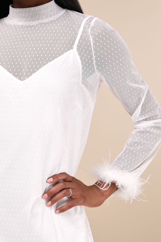 Immaculate Charisma White Mesh Feather Long Sleeve Mini Dress