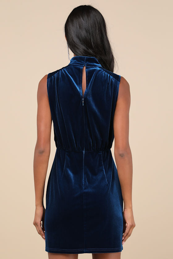 Gorgeous Darling Blue Velvet Sleeveless Mock Neck Mini Dress