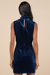 Gorgeous Darling Blue Velvet Sleeveless Mock Neck Mini Dress