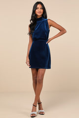Gorgeous Darling Blue Velvet Sleeveless Mock Neck Mini Dress