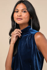 Gorgeous Darling Blue Velvet Sleeveless Mock Neck Mini Dress