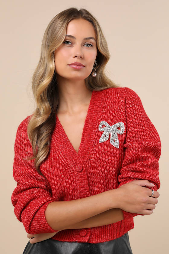Wintery Sparkle Heather Red Rhinestone Bow Cardigan