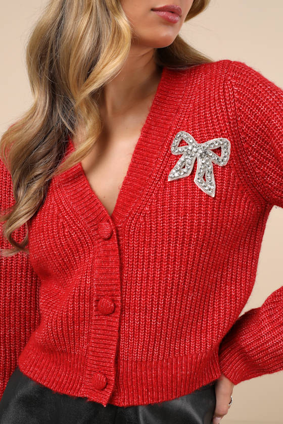 Wintery Sparkle Heather Red Rhinestone Bow Cardigan