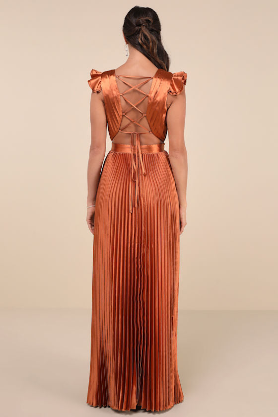 Exceptional Drama Rust Orange Satin Lace-Up Pleated Maxi Dress