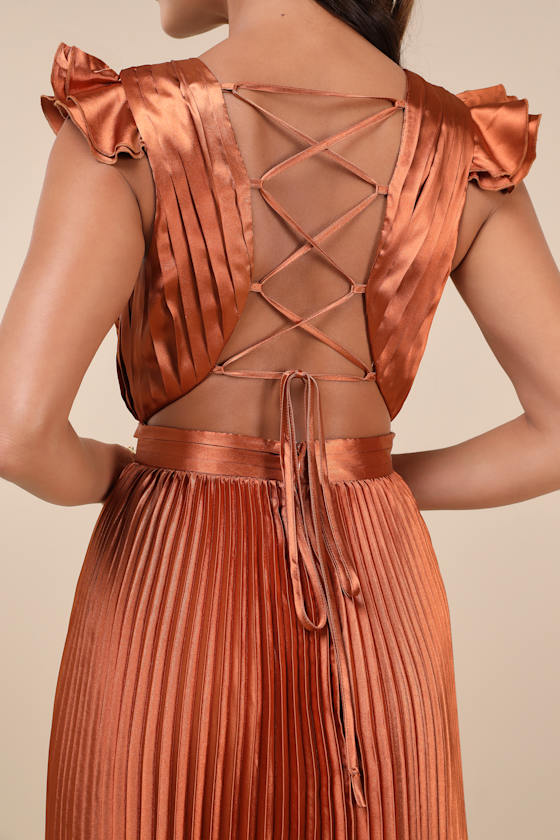 Exceptional Drama Rust Orange Satin Lace-Up Pleated Maxi Dress