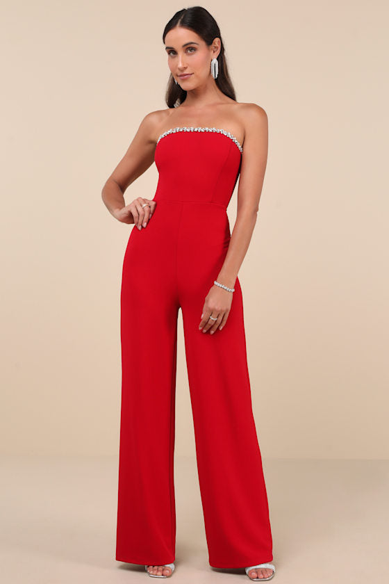 Lavish Muse Red Rhinestone Strapless Jumpsuit